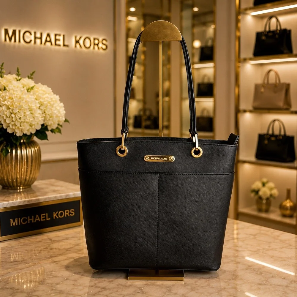 Michael Kors Bedford Medium Tote Black Saffiano Leather Bag Gold Hardware